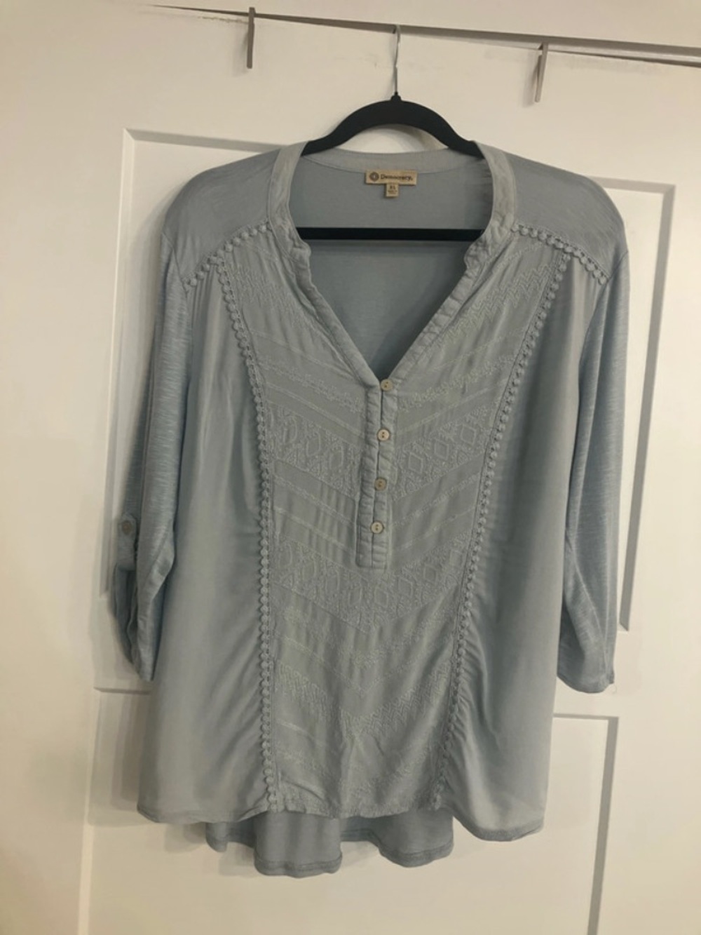 Democracy Pale Blue Embroidered Henley Blouse
